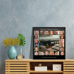 Quadratische Collage „Unser Unternehmen“ mit großem Foto in der Mitte