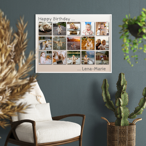 Raster-Collage hinter Acrylglas mit individuellem Gruß zum Geburtstag