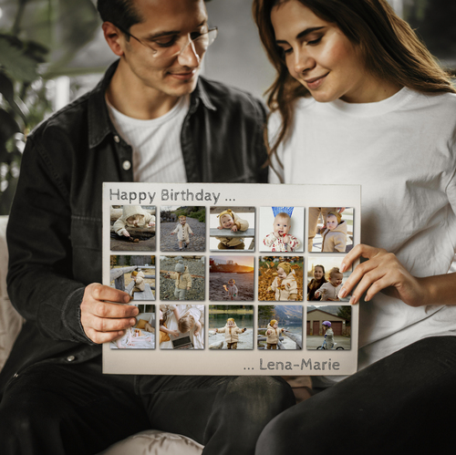 Raster-Collage hinter Acrylglas mit individuellem Gruß zum Geburtstag