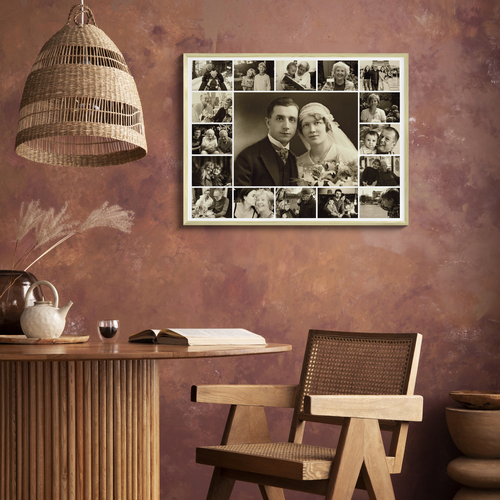 Trauercollage mit großem Bild in der Mitte und Sepia-Effekt